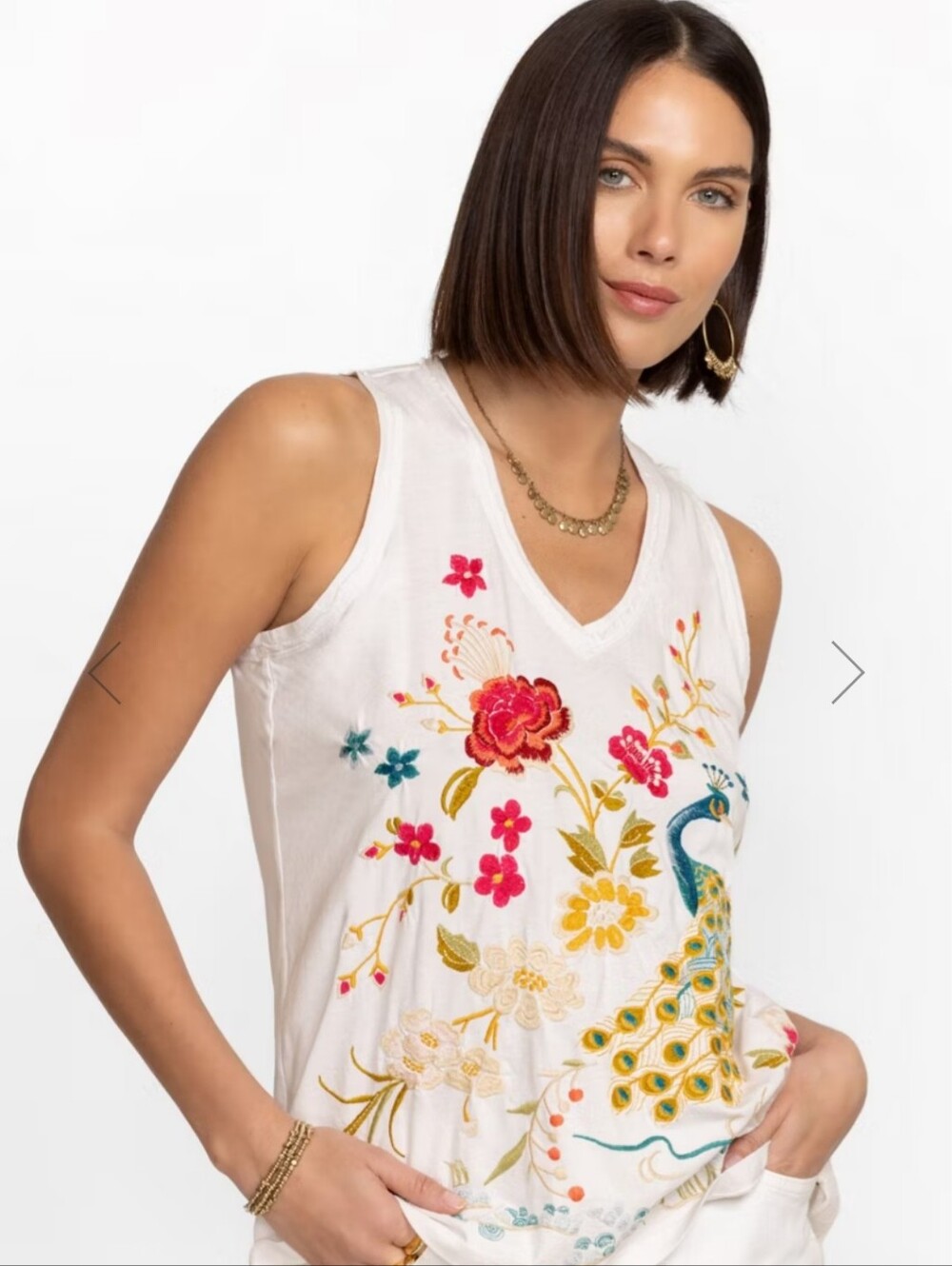 Johnny Was Embroidered White V-Neck Tank Top